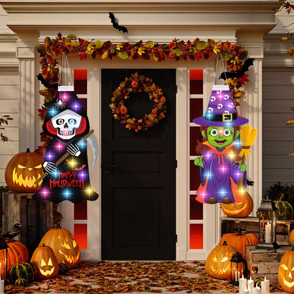 Amyhill 4 Pcs Halloween Windsocks with LED Lights Outdoor Decoration Pumpkin Ghost Skeleton Witch 40 Windsock Flag Hanging Decorations for Yard Tree Porch Garden Patio Halloween Party Supplies