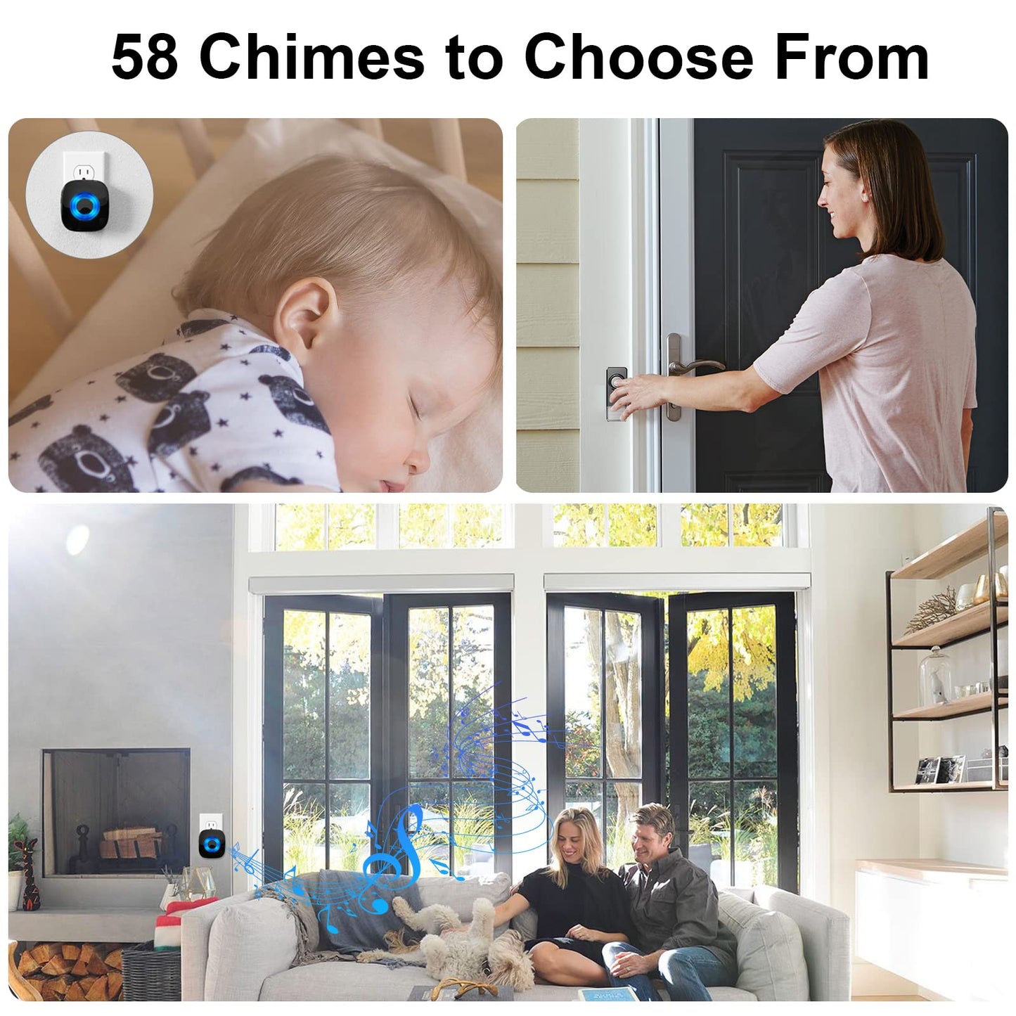 Wireless Doorbell - PHYSEN Door bell Chimes with Mute Mode - 58 Ringtones&5 Volume Levels Operating at 1300-ft Range LED Strobe, 2 Transmitters+3 Receivers Waterproof Doorbell Kit for Home/Classroom