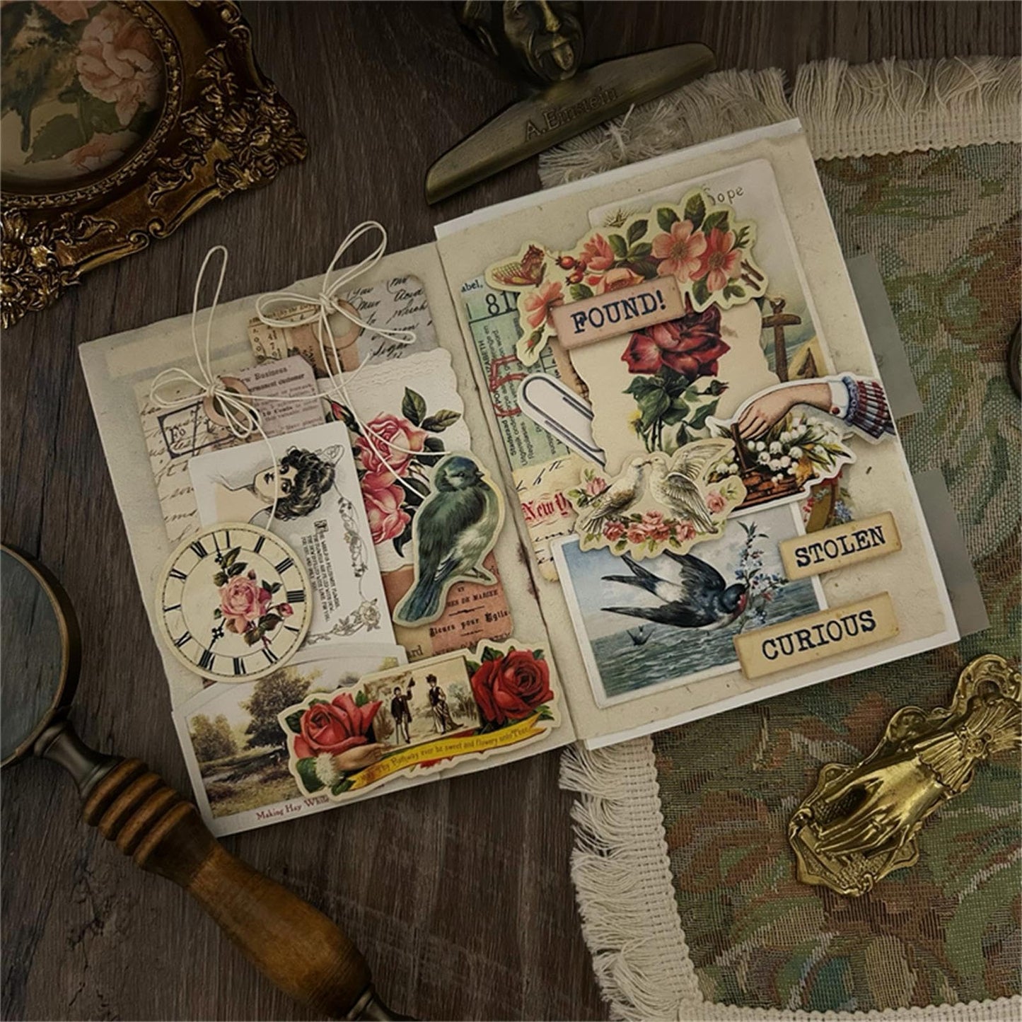 QCTC Junk Journal Vintage Botanical Ephemera, Handcrafted Coffee-Dyed Paper for Scrapbooking, Rustic Nature-Themed DIY Craft Supplies