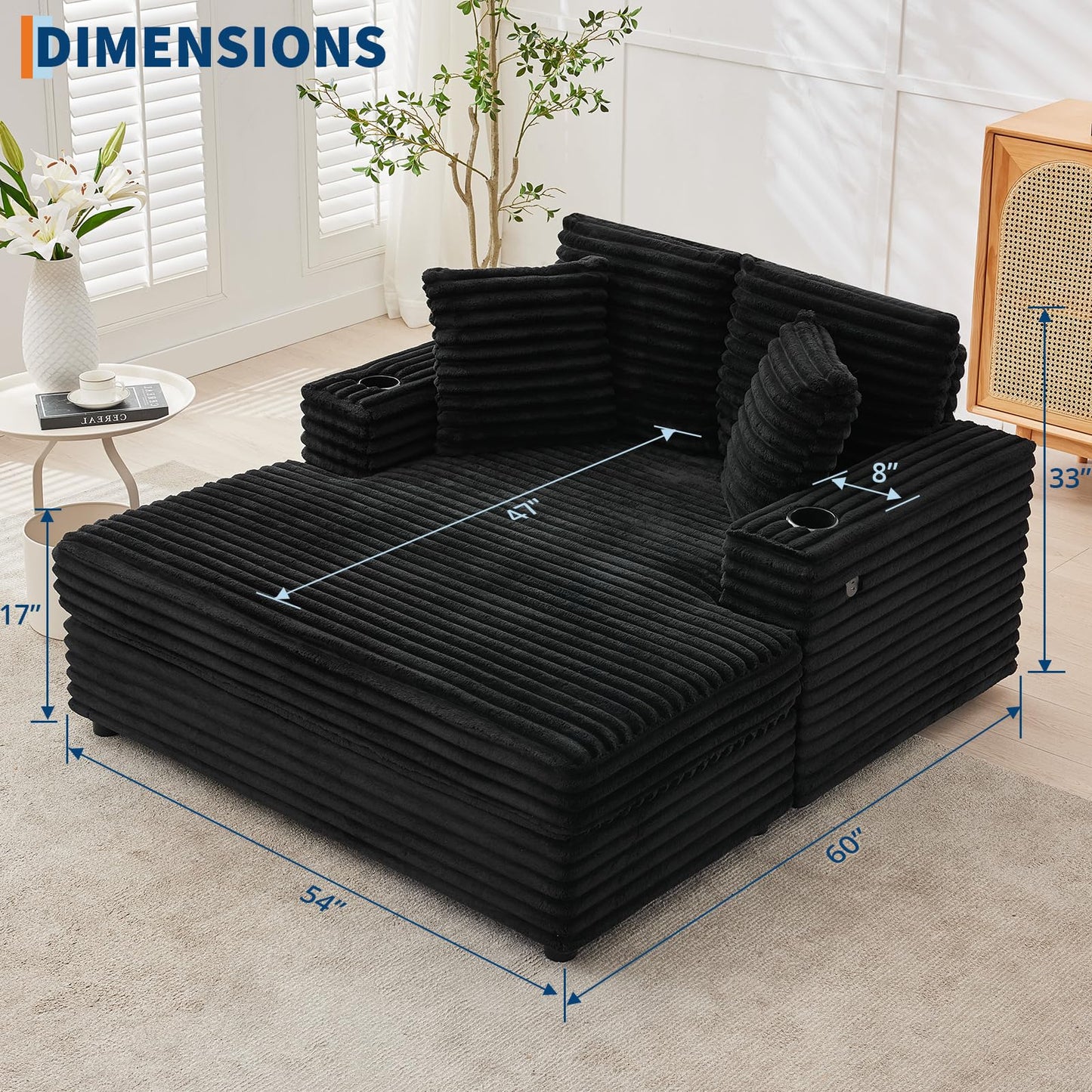Garvee 60" Oversized Chaise Lounge Chair Indoor, Corduroy Upholstered Sleeper Sofa Bed w/Cup Holder & Charging Port, Cloud Couch Sofa Chair w/Throw Pillows & Wide Arms for Living Room, Bedroom,Black