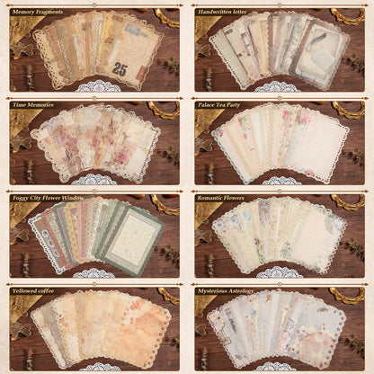 Flasoo Vintage Scrapbook Supplies, 80 Sheets Lace Edged Scrapbook Stationery Paper with Double Sided Tape Roller for Junk Journal Making, Decoupage and Card Crafts, 4.9x6.9 Inches