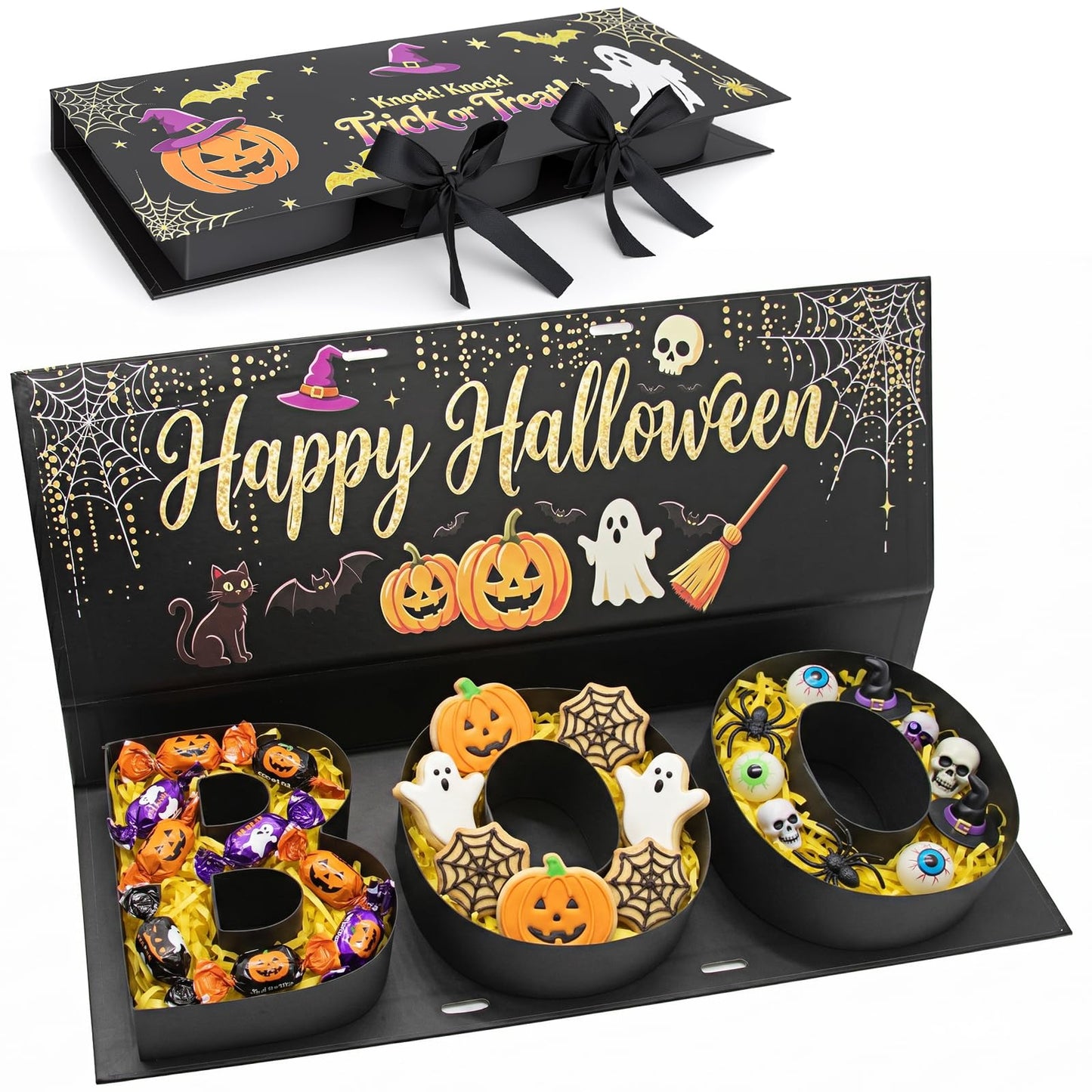Halloween Candy Gift Box, BOO Letter Shaped DIY Fillable with Ribbon Raffia