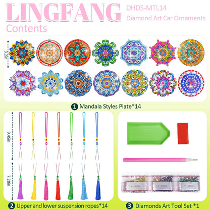 LINGFANG 14 Pcs Diamond Painting Hanging Ornaments, Double Sided Diamond Car Ornament Wind Chimes, Diamond Art Suncatcher Crystal Gem Home Decoration Paint 5D DIY Kits for Adults (Mandala)