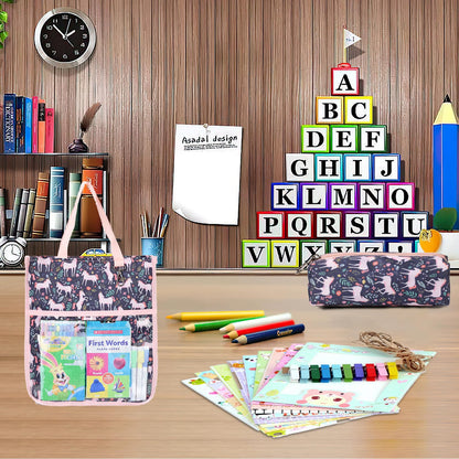 Maplerich Kids Cute Tote Bags for Boys Girls Ages 4-16,Handbags with Pencil Case, Book Tote Bags with Zipper for School and Playtime (pink)