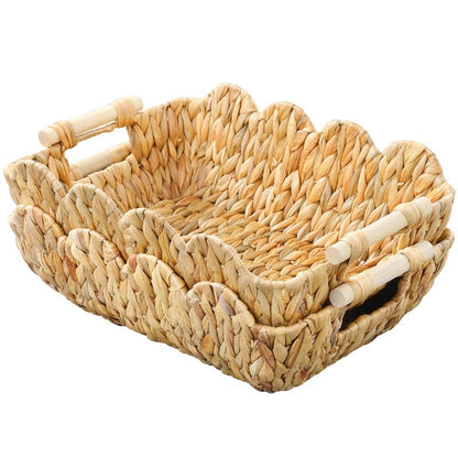 Coeusy Small Wicker Basket 2 Pack,Scalloped Basket for Organizing and Decor,Natural Water Hyacinth Storage Baskets with Wooden Handles for Gifts,Snack,Shelves