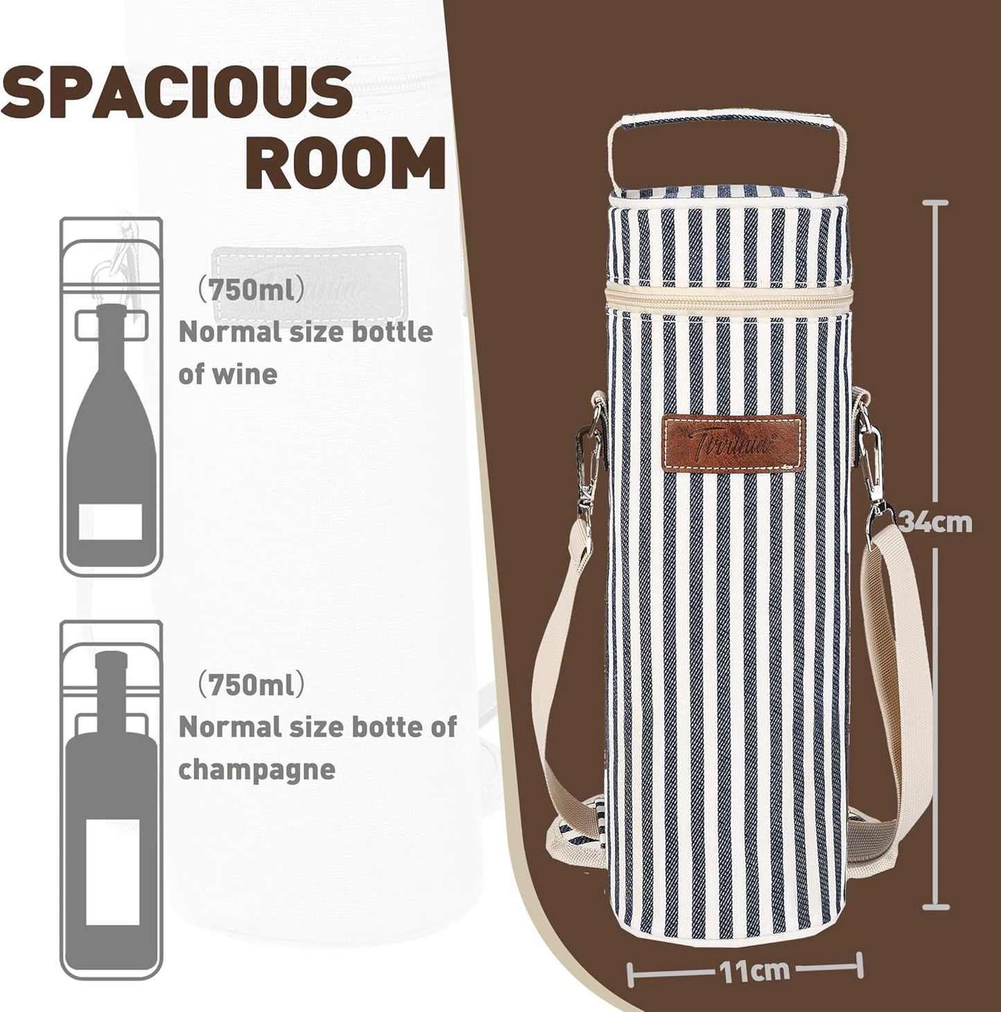 Tirrinia Insulated Single Wine Cooler Bags - Padded Portable Wine Gift Tote Carrier for Travel, BYOB, Wine Tasting,