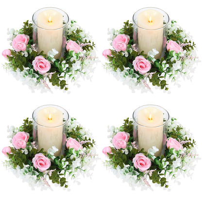 Acmee 4 Pcs Rose Candle Rings - Artificial Pink Floral Wreaths with Eucalyptus Leaves Greenery Garland for Pillar Candleholders Wedding Centerpiece Party Home Table Decor