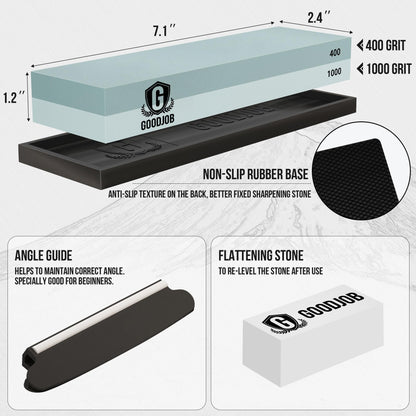 Knife Sharpening Stone Kit - Goodjob Premium Japanese Whetstone Knife Sharpener Stones Set - Dual Grit 400/1000 Water Stones with Non-Slip Silicone Base, Angle Guide, Flattening Stone