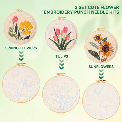 Aemygo Punch Needle Kit Adults Beginners, 3 Pcs DIY Easy Flower Embroidery Set for Starter Art Craft, Needling Punching Project with Patterns, Tools, Yarns, Hoop, Instruction
