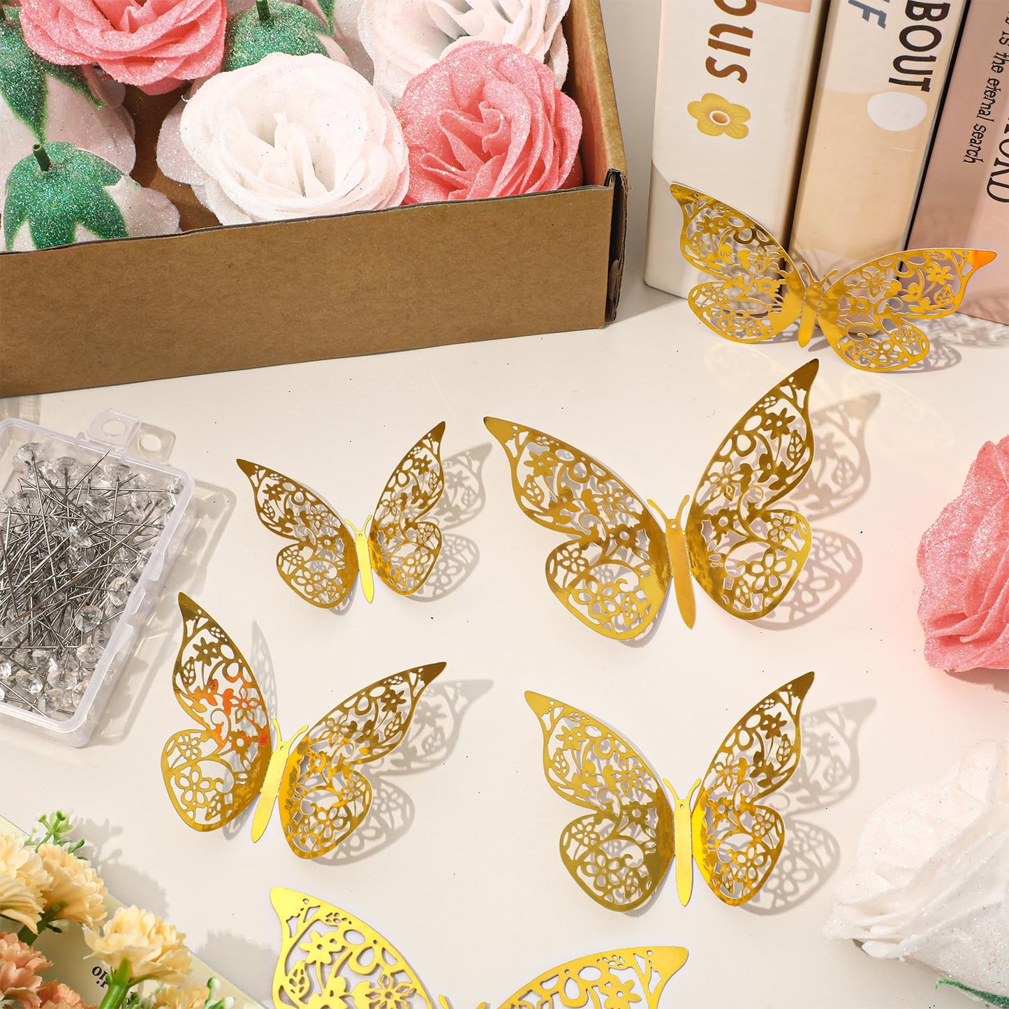 JarThenaAMCS 2026 Graduation Glitter Rose Bouquet 24Pcs White Pink Rose Artificial Flowers with Stems DIY Toppers 3D Gold Butterfly Rhinestone Pins Ribbon for Congrats Grad Mother's Day Birthday