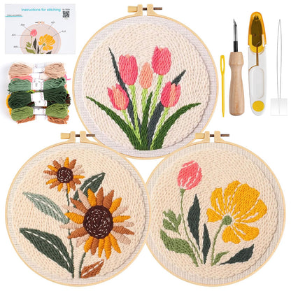 Aemygo Punch Needle Kit Adults Beginners, 3 Pcs DIY Easy Flower Embroidery Set for Starter Art Craft, Needling Punching Project with Patterns, Tools, Yarns, Hoop, Instruction