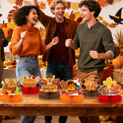 9 Pieces Thanksgiving Honeycomb Centerpieces Table Decor, Turkey Pumpkin Cornucopia Harvest Fall Party Table Topper Ornaments Signs, Fun Autumn Holiday Decorations