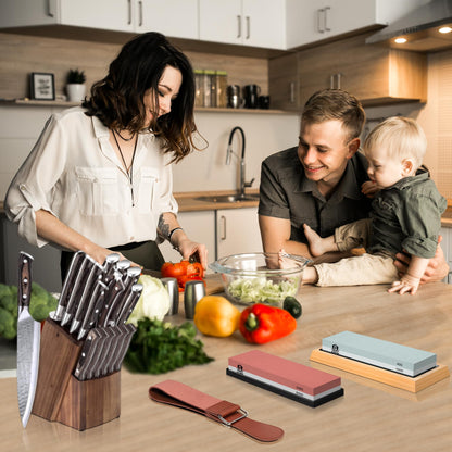 Complete Knife Sharpening Stone Kit - Goodjob Premium Whetstone Knife Sharpener Stone - Dual Grit 400/1000 3000/8000 Wet Stone Sharpening Kit with Cut Resistant Gloves, Honing Guide, Bamboo Base