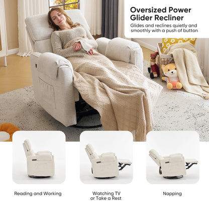 Rhevoy Oversized Power Recliner Chair, 26" Extra Wide Swivel Rocker Recliner with Adjustable Headrest, Chenille Glider Rocking Nursery Chair with Overstuffed Armrest, USB Ports, White
