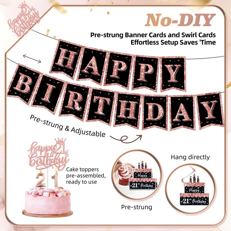 21st Birthday Decorations for Her,50Pcs PRE-STRUNG Rose Gold Black Party Set-21 Years Old Crown and Sash,Banner,Hanging Swirl,Backdrop Decor,CakeTopper,Age Candle, Balloons,Paper Fans,PRE-ASSEMBLED