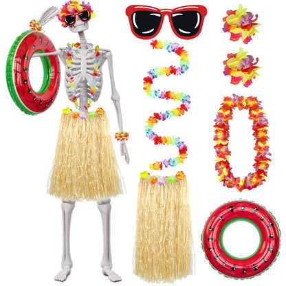 Jiytivity 8 Pcs 12 Ft Skeleton Summer Costume Set Hawaiian Skeleton Clothes Accessories Include Inflatable Watermelon Swimming Ring Hawaiian Leis Skirt Bracelet Glasses for Luau Garden Lawn Decor