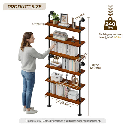 Anynice 6-Tier Ladder Shelf with Warm LED Light Strip, Solid Pine Wood Wall Mounted Bookshelf in Walnut Brown, 36-Inch Industrial Pipe Bookcase for Living Room, Bedroom, Home Office