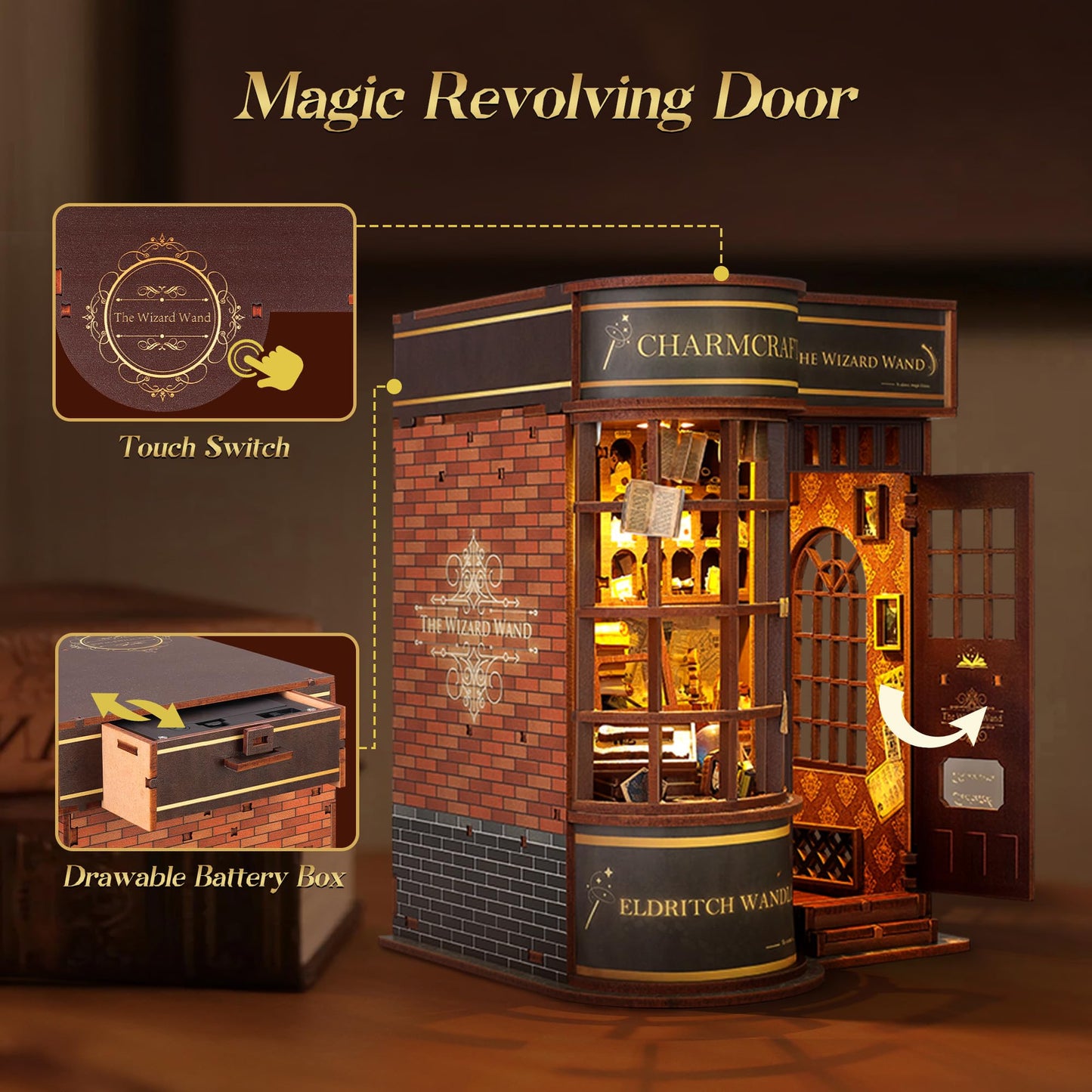 FUNPOLA 3D Wood Puzzle Wizard Wand Book Nook Kit - DIY Miniature Bookshelf Insert with LED Light - Creative Home Decor Gift for Display (Wizard Wand Shop)