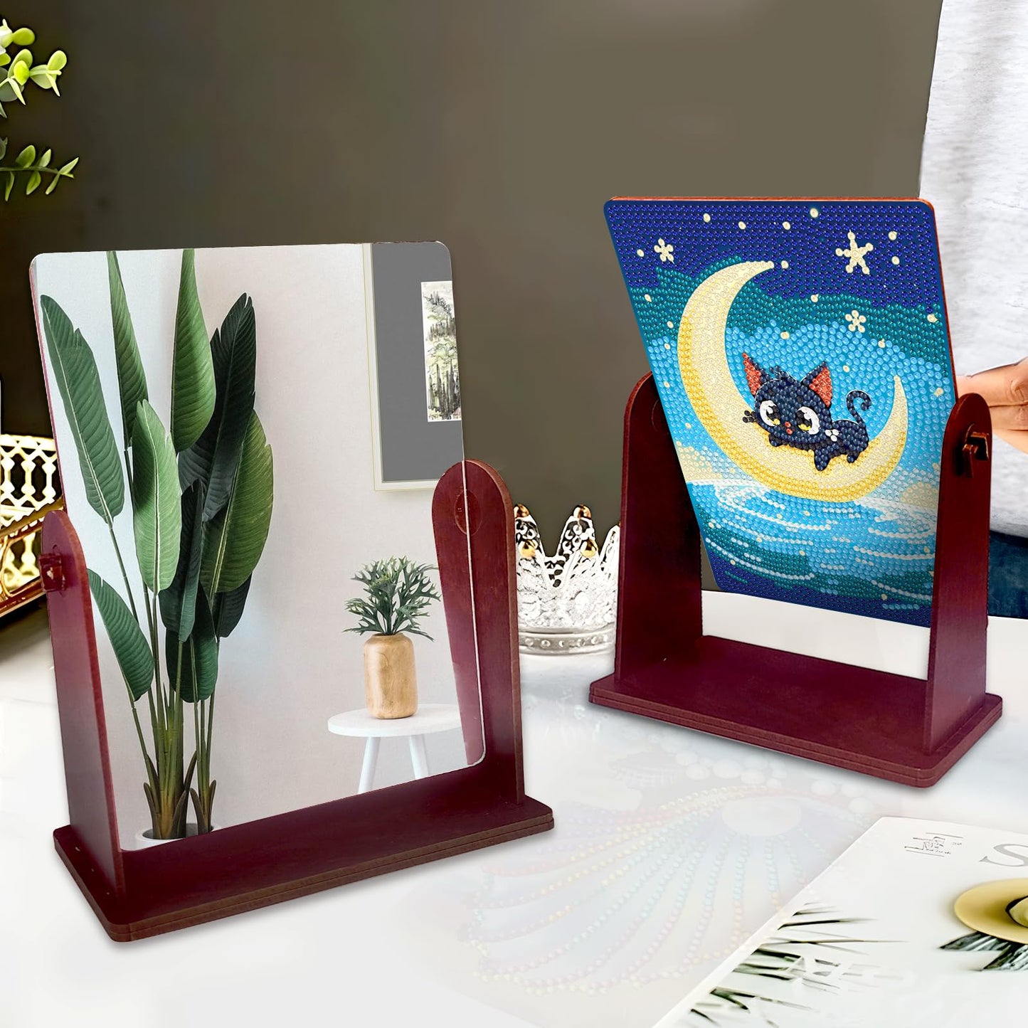 pigpigboss Black Cat Diamond Painting Rotate Mirror Kit, 5D DIY Crystal Drill Moon Cat Diamond Art Dots Makeup Mirror for Adult Beginner Home Office Desktop Decor
