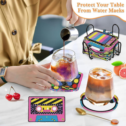8Pcs 80s 90s Diamond Art Painting Coasters Kit with Holder Retro 1980s 1990s Hip Hop Throwback Gem Mosaics Arts Rhinestone Painting Coasters Crafts for Adults Handmade Gifts Home Decoration Supplies