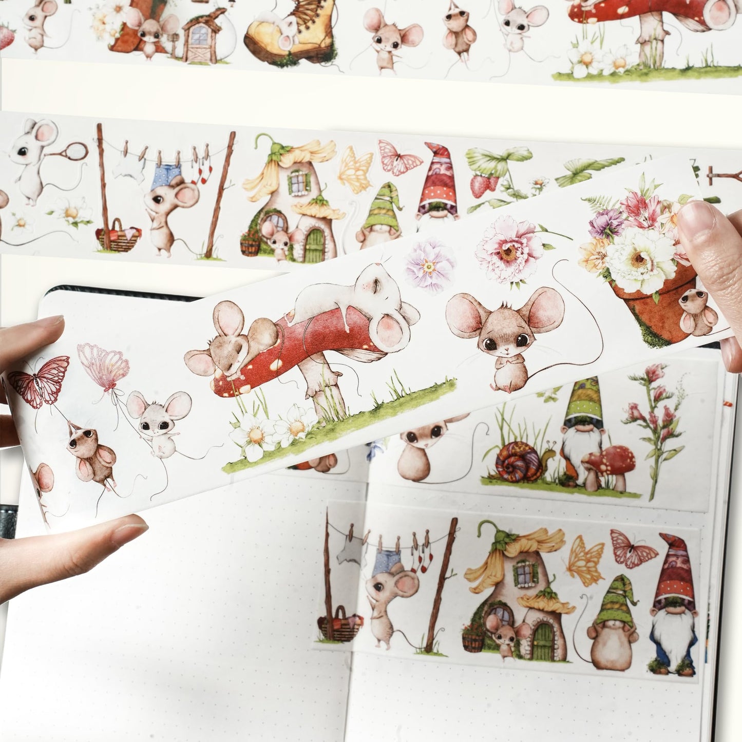 WT Pre-Cut Squeaky Mischief Wide PET Tape, 1 Roll, Original Playful Cartoon Mice & Whimsical Garden Designs, Transparent Clear Adhesive Tape for Scrapbooks, Junk Journals, Planners, DIY Crafts & Gifts