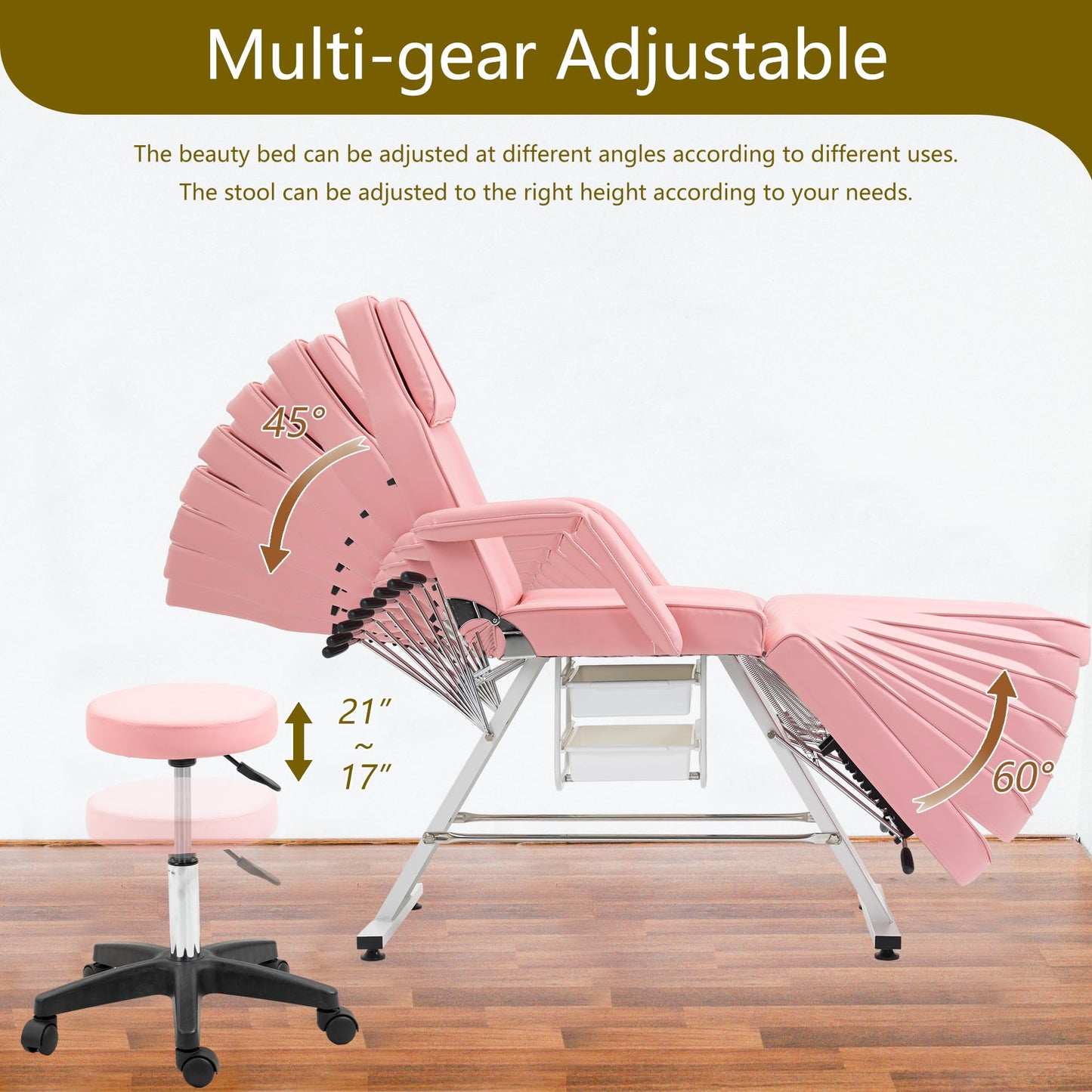 Massage Salon Tattoo Chair with Two Trays Esthetician Bed with Hydraulic Stool,Multi Purpose 3 Section Facial Bed Table, Adjustable Beauty Barber Spa Beauty Equipment, Pink