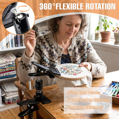 Aemygo 360° Portable Metal Embroidery Hoop Stand Holder, Adjustable Table Embroidery Hoops Stand Clip for DIY Cross Stitch, Embroidery,Needlework, and Handicrafts