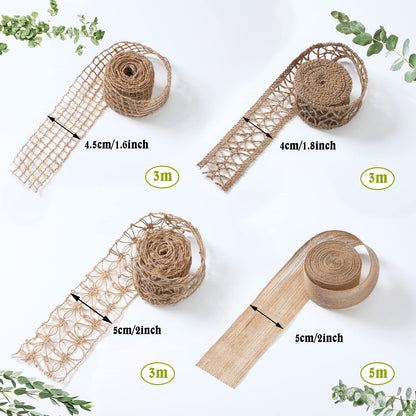 4 Rolls Burlap Ribbon Wired Natural Jute Burlap Lace 1.6-2 Inch x 16.4 Yard Wrapping Ribbon for Crafts, Big Bows, Wedding Gift Wrapping, Rustic Outdoor Decoration, Wreath, Holiday Party DIY Home Decor