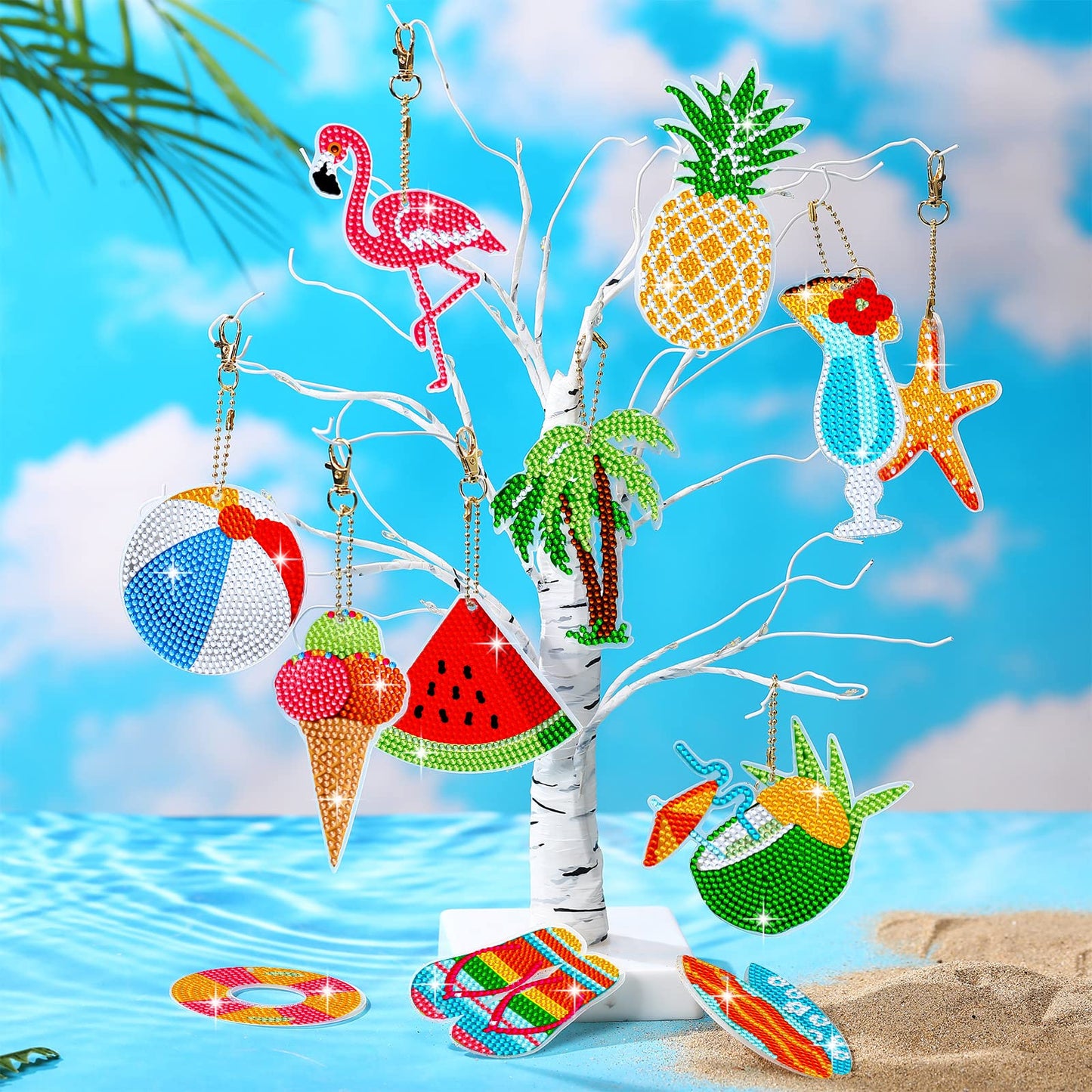 Thinkday 12 Pack Summer Diamond Painting Keychain Kits 5D Diamond Art Keychains DIY Painting Kit Summer Hanging for Kids DIY Crafts