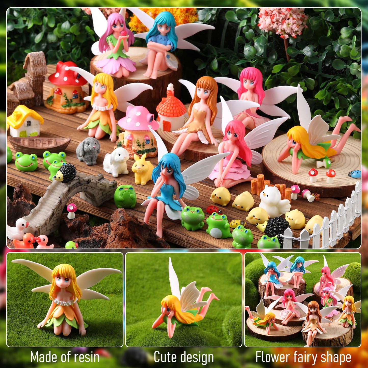 Seenelling 150 Pcs Fairy Garden Accessories Miniatures Figures Kit Micro Landscape Resin Mushroom Animals Fake Pond Lawn Bridge Garden Decoration