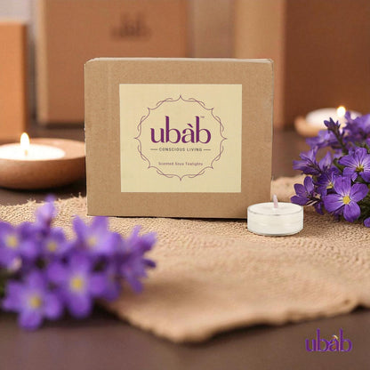 Ubab Handcrafted Scented Tealight Candles|Eco-Friendly Premium Soy Wax|Set of 40 (38 cm X 15 cm) Tealights|Lavender Bliss+Cocoa Mist Combo|12g Each|Upto 4.5 HRS Burn Time Each|Aromatherapy Candles