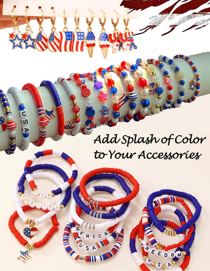 1461Pcs Red White Blue Beads for Bracelet Making Kit 4th of July Patriotic Beads for Jewelry Making Independence Day Clay Stars Acrylic Pearl Letter Bead with America Flag Heart Hat Pendant Charms