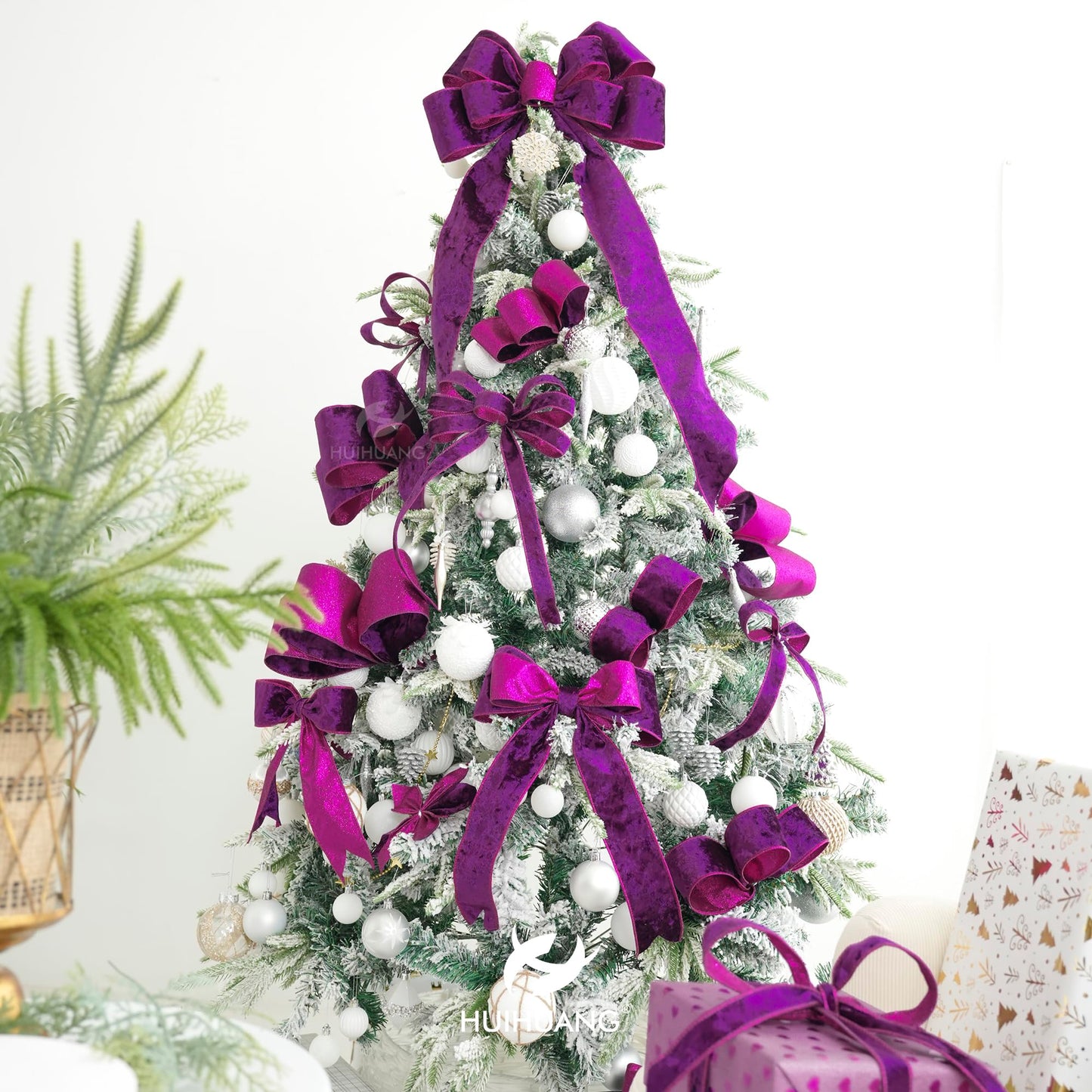 HUIHUANG Purple Velvet Wired Ribbon 2.5 inch Wired Velvet Ribbon with Purple Glitter for Gift Wrapping, Christmas Tree Decoration, Bows, Wreaths, Garlands, Halloween Decor - 10 Yards
