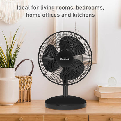 HOLMES 12" Table Fan with 75° Oscillation, 3 Speeds, 15° Adjustable Head Tilt, Ideal for Home, Bedroom, Office, Black