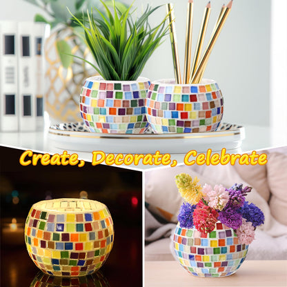 Remerry 2 Set Glass Mosaic Candle Holder Kit with Lights DIY Mosaic Arts and Crafts Gifts Decorative Handmade Flower Glass Vase Tealight Holder for Adults Home Lighting Decor