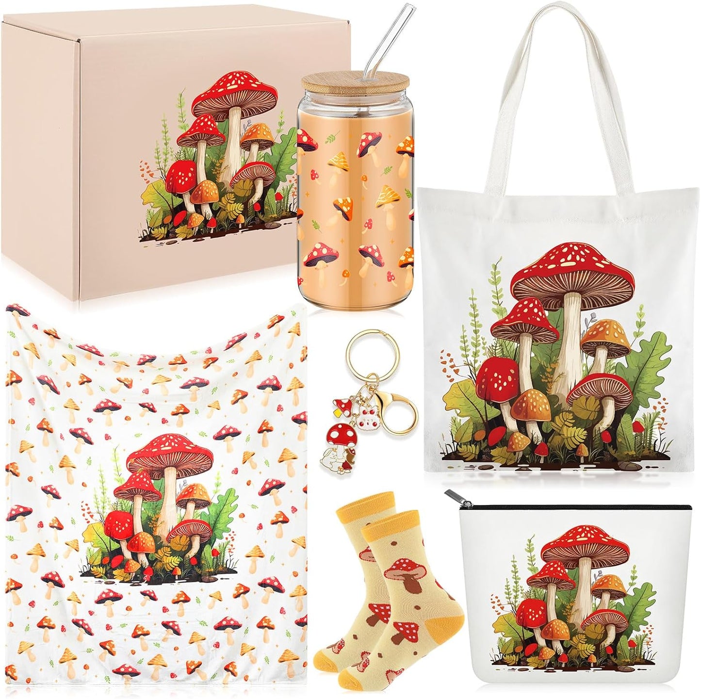 6 16oz Paterr Pcs Mushroom Themed Gifts for Women Christmas Canvas Tote Bag Makeup Bag Print Blanket Socks Glass Coffee