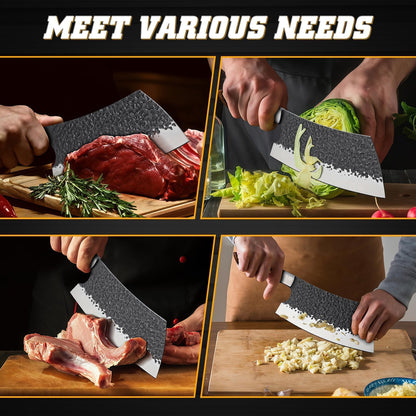 Huusk Cleaver Knife 7 inch - Hand Forged Butcher Knife for Meat Cutting, Japanese Chopping Knives, High Carbon Steel Vegetable Meat Cleaver for BBQ, Camping, Christmas Gifts for Men Women