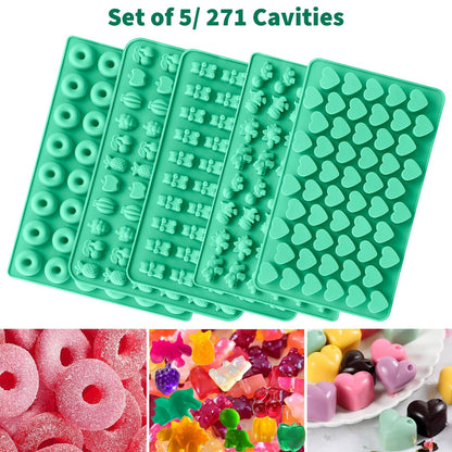 Silicone Gummy Molds Set of 5, Candy Molds Silicone with 2 Droppers for Convenient Filling, Gummy Molds Set Includes Dinosaur, Bear, Donut, Heart and Fruit
