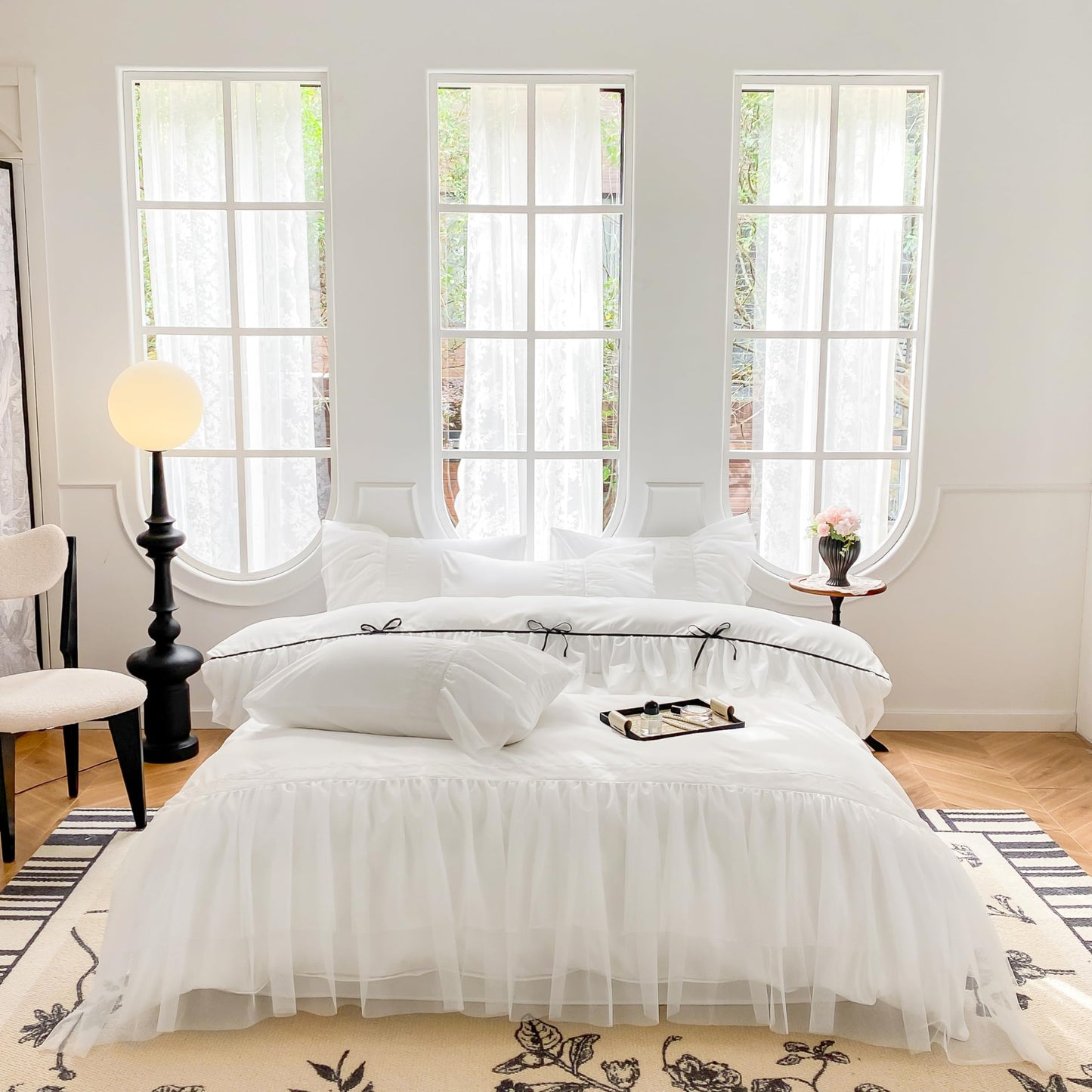 SOUKECHY White Lace Ruffled Queen Duvet Cover Set, Bow Duvet Cover,Chic Kids Bedding,100% Polyester,Lightweight Duvet Cover Set with Zipper Closure for Girls