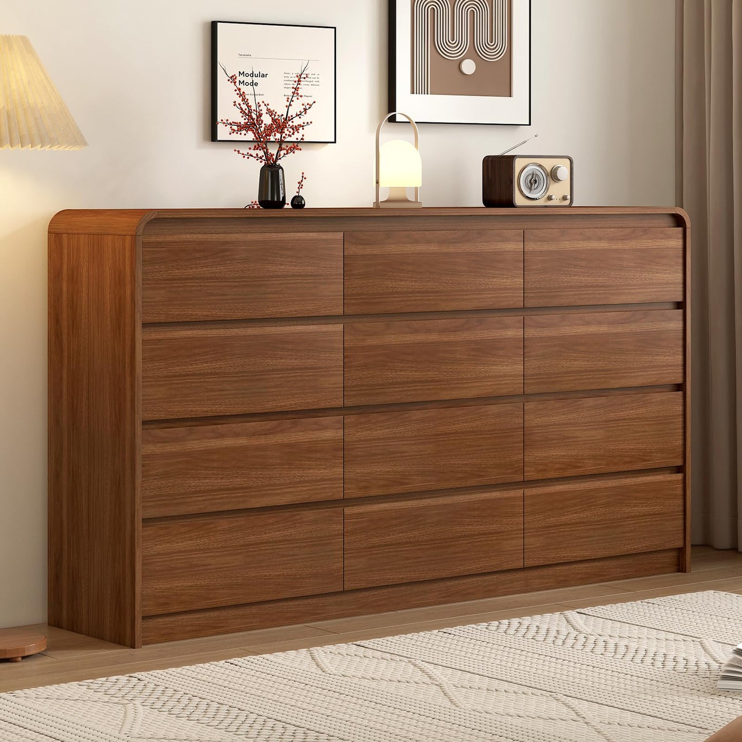 Messenya Modern 12-Drawer Dresser 63-Inch Wide, Curved Anti-Collision Design, Mid-Century Storage Cabinet with Pre-Embedded Slots, Sturdy Reusable, Ideal for Bedroom/Living Room/TV (Brown, 12-63)