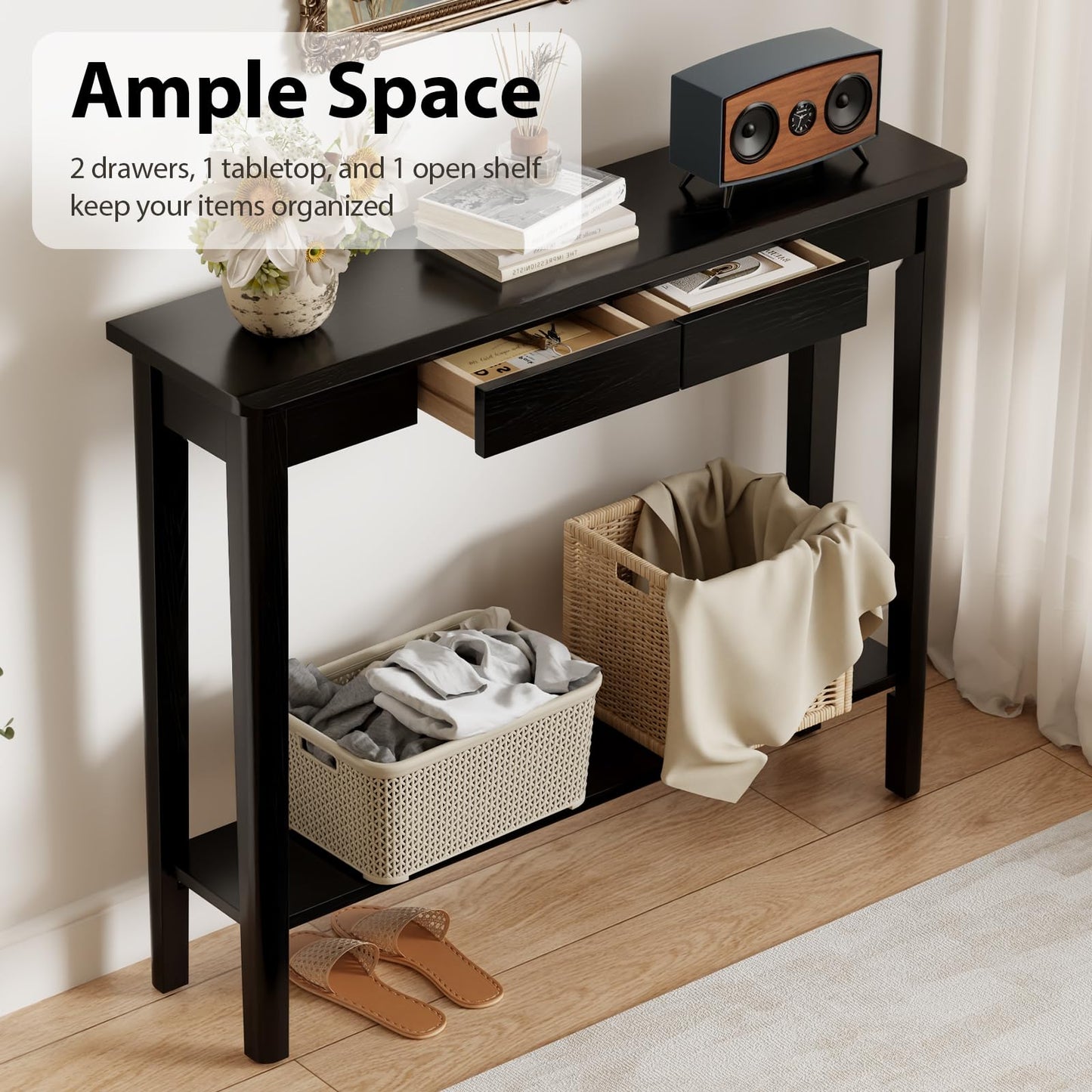 AQIMUELE Wood Console Table with Drawers, Mid Century Modern Console Table Black for Entryway, Living Room, Hall Way.