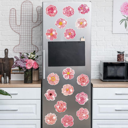Copkim 30 Pcs Diamond Art Magnets Refrigerator Easy Art Kits Fridge Diamond Painting Magnets Stickers for Adults DIY Home Decors Flower Butterfly(Pink Flower)