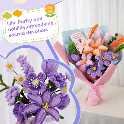 900 PCS Pipe Cleaners Craft, Pipe Cleaner Bulk Flower Kit 14 Colors Chenille Stems Flower Making Kit with Greeting Card, Floral Wires, Tape, Stamen, Floral Wrapping Paper & Ribbon for Art DIY Flowers