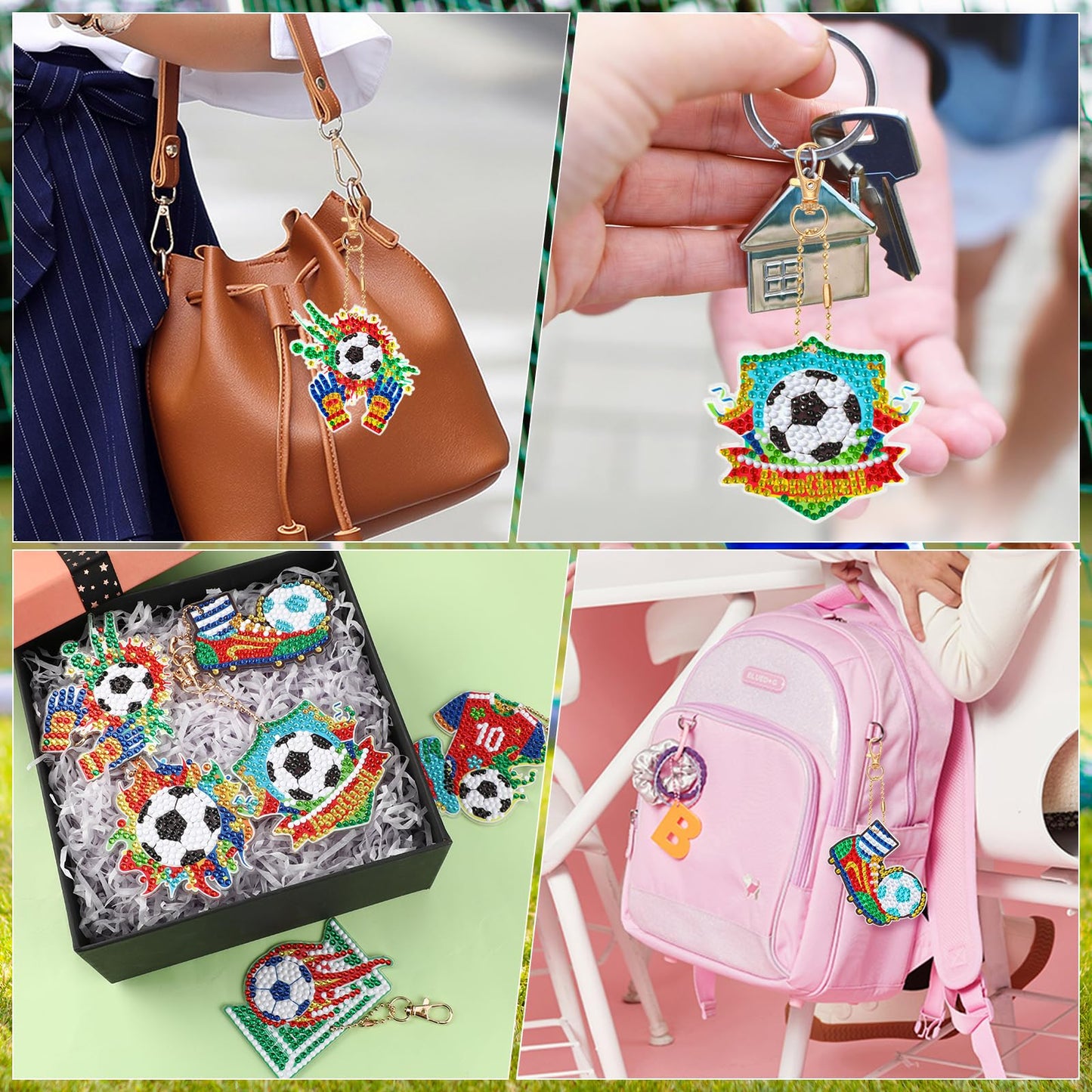 JSRQT 5D DIY Football Diamond Art Painting Keyrings Kit, Double-Sided Diamond Pasted Painting Keychians for Adult Kids, Rhinestone Mosaic Craft Painting Pendant for Handbag Backpack Party Decoration