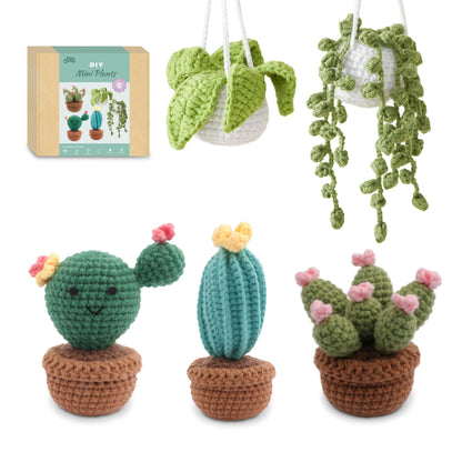 HOUSE CREATIVITY Crochet Kit for Beginners, Make 5 Hanging Potted Crochet Plants, Amigurumi Kit with Video Tutorial, Yarn, Hook & Pots, Cozy Stress Relief Gift for Adults, Cute Desk & Office Decor