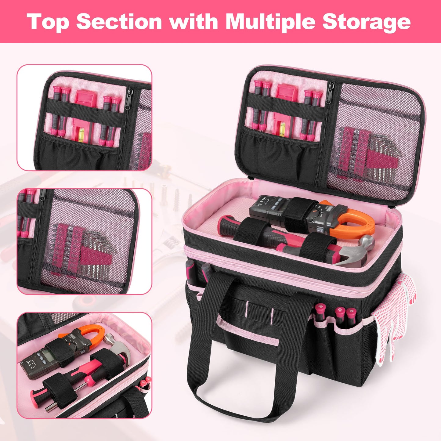 Trahzia Tool Tote Bag for Women, Double Layer Tool Storage Organizer Bag with Divider for Electrician, Carpenters, Repairman, Black