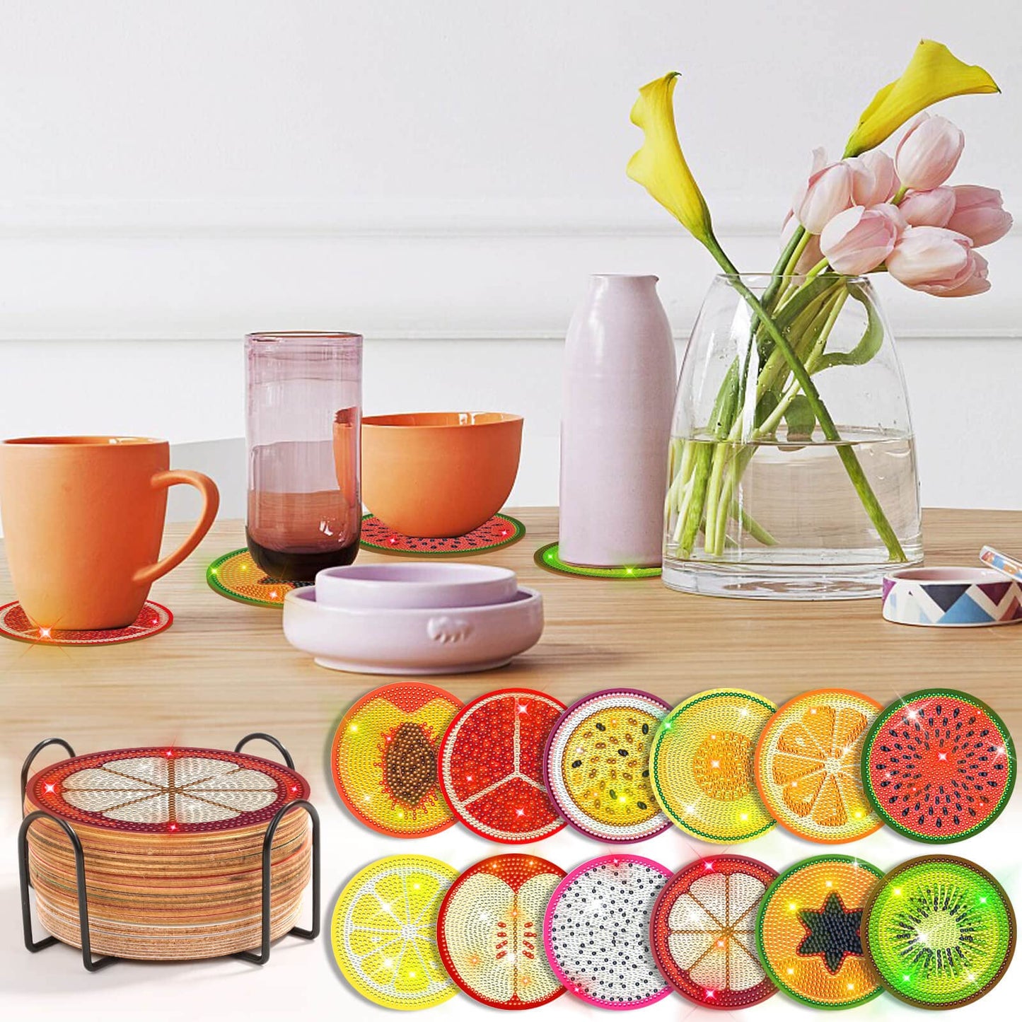 Billbotk 12 Pieces Diamond Art Painting Coasters Kit with Holder, Diamond Art Coasters, DIY Diamond Crafts Projects, Diamond Dot Kits for Adults and Beginners(Fruit Style)
