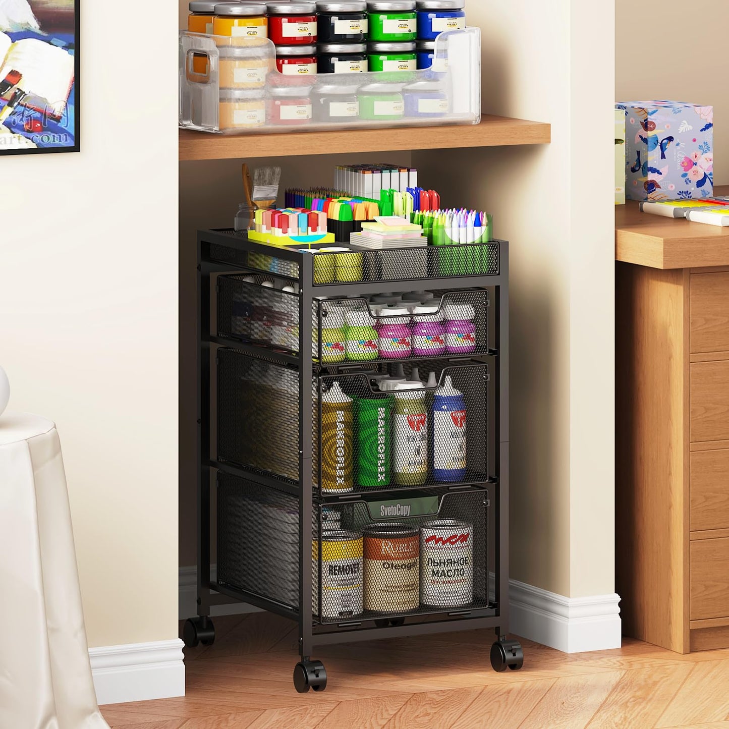 Rolling Utility Cart with 3 Drawers, Craft Organizer and Storage with DIY Divider, Lockable Wheels, Multi-Functional Storage for Art Supplies, Store for Brushes & Paints & Small Parts(Patent Pending)