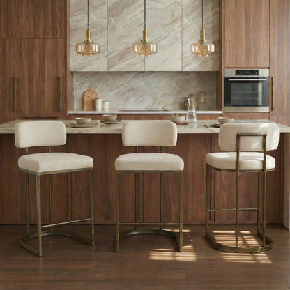 26" H Counter Height Bar Stools Set of 3, Modern Linen Fabric Upholstered Barstools with Backrest for Kitchen Island, Gold Metal Frames, Linen