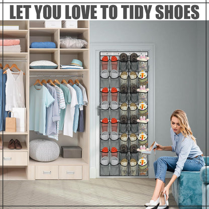 40 Large Over the Door Shoe Organizer | Gray Mesh Pockets Hanging Shoe Rack for Closet, Nonslip Holder for Shoes